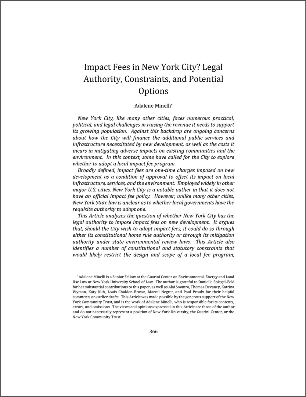 Impact Fees in New York City? Legal Authority, Constraints, and Potential Options